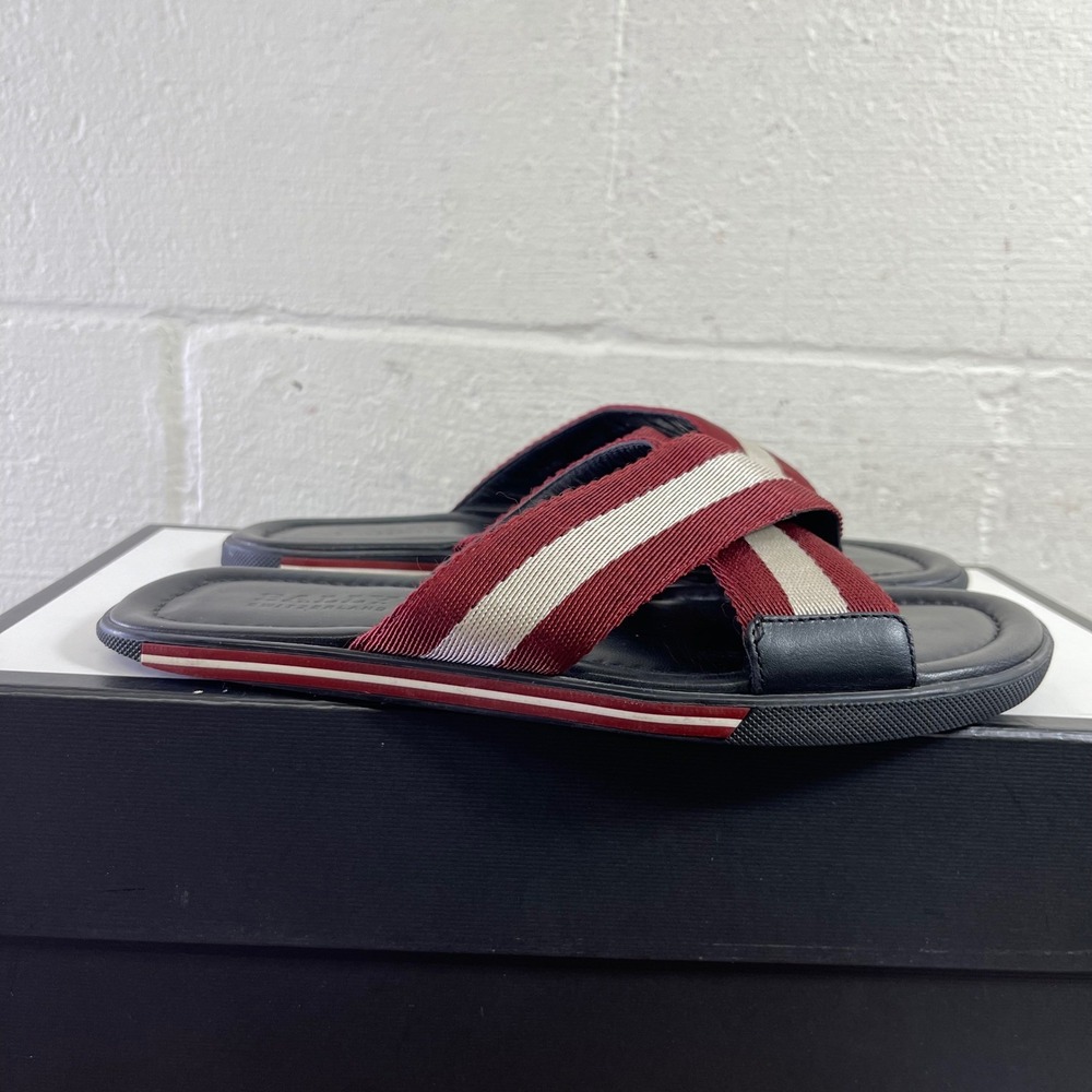 Bally Switzerland Bonks Black Red White Stripe Criss Cross Slide Sandals Mens 7